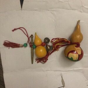 Asian wooden decor w metal sword set